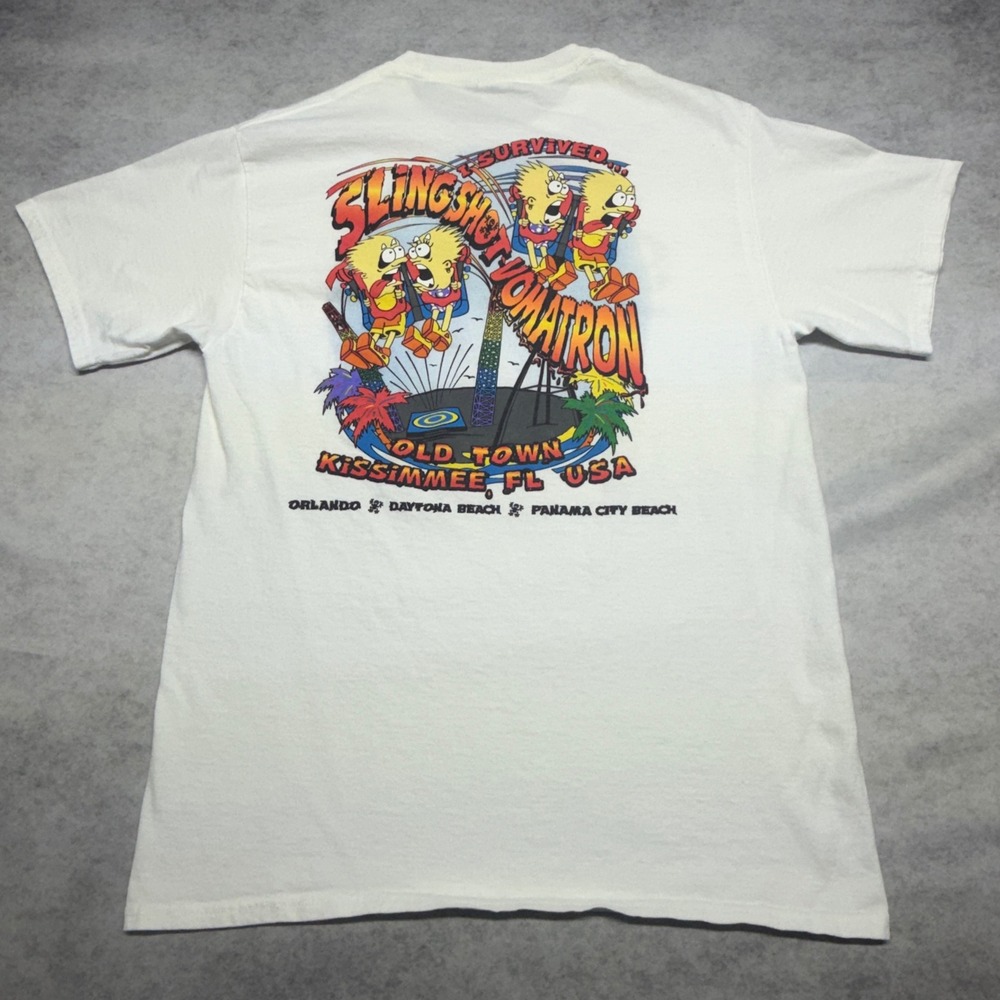 Vintage I Survived Slingshot Vomatron Old Town Kissimmee FL T-Shirt White Medium